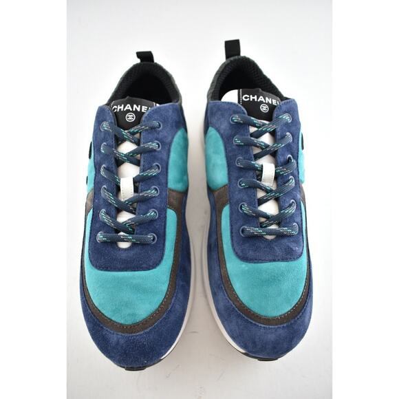 Chanel 21K Mens Green Blue Grey White CC Logo Lace Low Top Trainer Sneaker 44 11 - Picture 5 of 11